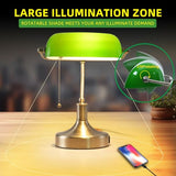Liylan Banker Desk Lamp Green Glass, Antique Desk Lamps with Brass Base, Traditional Library Table Lamp with USB A and Type C Charging Port