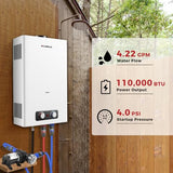 CAMPLUX Tankless Water Heater Outdoor, 4.22 GPM Propane Water Heater with 3.3 GPM Water Pump Kit & Pipe Strainer, for Off Grid, Cabins, 110,000 BTU, BD422P120