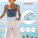 WHIPPY Women Skinny Leather Belt Thin Waist Jeans Belt for Pants in Pin Buckle Belt, Blue, Pants Size 42-47 Inches