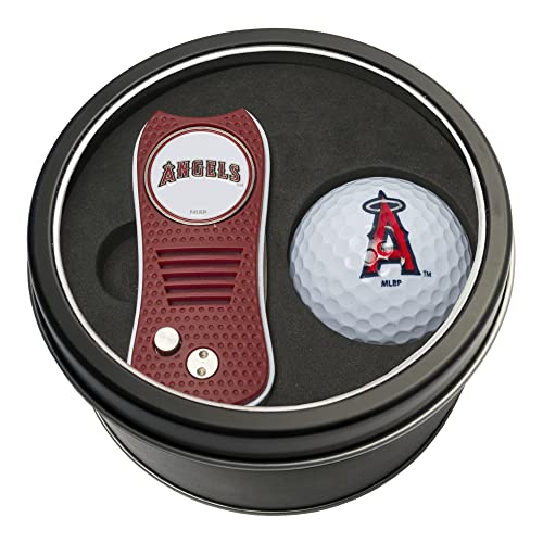 Team Golf MLB Los Angeles Angels Tin Golf Ball Gift Set with Retractable Divot Tool and Double-Sided Magnetic Ball Marker & Golf Ball, Patented Single Prong Design, Less Damage to Greens