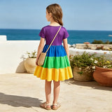 Girls Dresses Rainbow Summer Skater Dress Toddler Kids Color Block Tiered Twirly School Sundress Size 5t Purple 4-5 Years