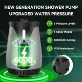 New Gen Portable Camping Shower, Long-Lasting 6000mAh Rechargeable Camp Shower with Shower Head & Sprayer,Upgraded Pressure,5 Spray Modes,IPX8 Waterproof Outdoor Camp Pump for Hiking, Travel, Car, Pet