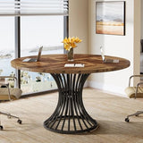 Round Conference Table for 4-6, 47-Inch Conference Room Table with Thickened Tabletop and Metal Base, Rustic Brown