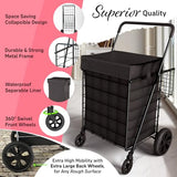Shopping Cart w/Waterproof Basket Liner & Large 360° Swivel Wheels | Foldable Collapsible & Lightweight