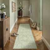 WondRg 2x6 Green Washable Runner Rug for Kitchen Hallway Neutral Floral Soft Non Slip Rug Low Pile Distressed Carpet for Bathroom Bedroom Indoor Nursery