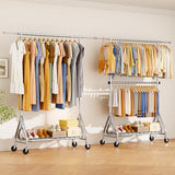 JIEJIERUI Double Rods Clothing Rack, Heavy Duty Clothes Rack for Hanging Clothes Load 560LBS, Metal Rolling Garment Racks with Wheels, Silver