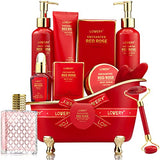 Anniversary Gifts for Women, Spa Bath and Body Gift Set, Red Rose Gift Basket Relaxation, Pampering, Thank You, Birthday Gifts for Mom Her with Perfume, Jade Roller, Quartz Gua Sha Stone & More