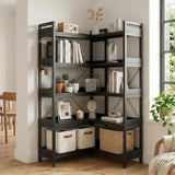 GTPLAYER 5-Tier Corner Bookshelf, L-Shaped Metal Frame Shelf with Tall 14" Shelves, Plant Stand and Storage Rack for Small Spaces, Living Room and Home Office, Black