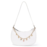 Small Crescent Shoulder Bag for Women Trendy Leather Underarm Hobo Purse with Charm Chain Cute Evening Clutch Handbag (White)