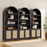 SICOTAS 84.2" Tall Arched Bookcase with Doors - 5 Tier Rattan Bookshelf