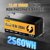 12V 200Ah LiFePO4 Lithium Battery, Max. 2560Wh, 15000 Deep Cycle Battery
