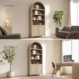 SICOTAS 84.2" Tall Arched Bookcase with Doors - 5 Tier Rattan Bookshelf