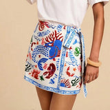 Talakeno Womens Summer Floral Wrap Short Skirt Tie Side High Waist A Line Beach Vacation Boho Mini Skirt(Sky-Blue,S)