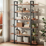 IBF 6 Tier Solid Wood Bookcase, Industrial Natural Real Wood Metal Tall Book Shelf