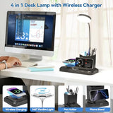 KDD 4 in 1 Desk Lamp with Wireless Charger - 360° Rotating Gooseneck Small Table Lamp with Pen Holder & Phone Stand, Adjustable White