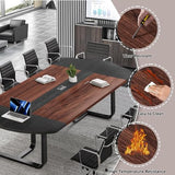 8FT Conference Table, 94.5" D x 47.3" W x 29.5" H Oval Meeting Table with Rectangle Grommet, Modern Seminar Boardroom Table (8ft, Walnut & Black)