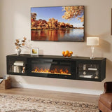 70" Floating TV Stand with 36" Electric Fireplace, Black & Black