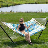 Sunnydaze Rope Hammock with Stand for Outside- 275-Pound Capacity - Includes 12-Foot Hammock Stand, Spreader Bar, Pad, and Pillow - Blue and Green Chevron