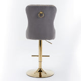 MOOLSUN Rotating Velvet Bar Stools Set of 4, Modern Padded with Nailhead Trim and Tufted Back, Adjustable Swivel Counter Height Stools for Kitchen Island, Bar, Club,Gray(Gold Base)