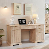 58" Modern Executive Desk with Storage, Wood Home Office Desk with 5 Drawers & 1 Cabinet, Fluted Computer Writing Desk, Oak