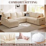 108'' Modular Sectional Sofa with Pull Out Bed, Sleeper Sofa, Beige | U Shaped 7 Seat Sectional Couches for Living Room