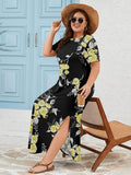 AusLook Plus Size Maxi Dresses for Women Summer Casual Long Dress Short Sleeve Crew Neck Flowy Split Beach Black Golden Floral 2X Sundress Vacation T Shirt Dress with Pockets