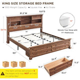 Farmhouse King Size Bed Frame with 54" Tall Headboard, Charging Station | eadboard with 4 Storage Rack, 2 Drawers