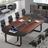 8FT Conference Table, 94.5" D x 47.3" W x 29.5" H Oval Meeting Table with Rectangle Grommet, Modern Seminar Boardroom Table (8ft, Walnut & Black)