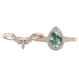 Oseew Customized Moss Agate Ring set Engraving Text Moss Agate promise Ring Set 14k gold Teardrop Moss Agate Stone