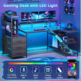 YOMILUVE L Shaped Gaming Desk with Drawers & Storage Shelves, Corner Gaming Desk with Power Outlets & LED Light, Reversible Computer Desk with Monitor Stand & Hooks, Carbon Fiber Black
