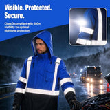 SRsafety Waterproof Security Rain Jacket, Blue Industrial Safety Coat for Men, Reflective Work Raincoat Gear, Windproof Hooded Utility Outerwear, 1-Piece Big and Tall Guard Uniform