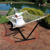 Sunnydaze Rope Hammock with Stand for Outside- 275-Pound Capacity - Includes 12-Foot Hammock Stand, Spreader Bar, Pad, and Pillow - Blue and Green Chevron