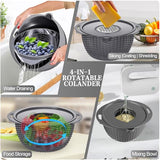 4-1 Colander with Lid Set - Rotatable Strainer With Bowl(Patented), Pasta Strainer with New Upgraded Graters, Strainer And Colanders, Fruit Cleaner, Veggie Wash, Apartment Kitchen Gadgets - Grey