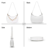 Small Crescent Shoulder Bag for Women Trendy Leather Underarm Hobo Purse with Charm Chain Cute Evening Clutch Handbag (White)