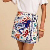 Talakeno Womens Summer Floral Wrap Short Skirt Tie Side High Waist A Line Beach Vacation Boho Mini Skirt(Navy-Blue,M)