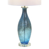 Pemberly Row Contemporary Table Lamps, 30-Inch Blue Tone Art Glass Body with Crystal Base, Linen Shade, 3-Way Switch, Coastal Style for Living Room or Bedroom Lighting, Set of 2
