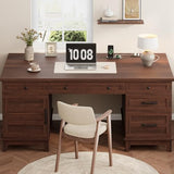 Executive Desk with File Drawers, Farmhouse Home Office Desk with Charging Station, 60 in Wooden Computer Desk, Walunt Brown