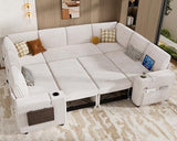 Modular Sectional Sleeper Sofa with Pull Out Bed, 8 Seat Plush Corduroy U Shaped Couch with Storage