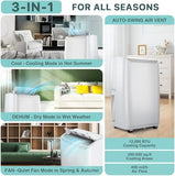 12000 BTU Ultra Silent Portable Air Conditioner, 3-in-1 Remote Control AC with 24-Hour Timer, Cools Up to 550 Sq. Ft. Low Noise/Energy Efficient for Bedrooms, Offices, White