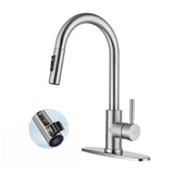 TOYWIA Kitchen Faucets with Pull Down Sprayer, Brushed Nickel Single Handle High Arc Stainless Steel Sink Faucet with Deck Plate, 1 or 3 Hole Deck Mount for RV, Bar, Farmhouse, Laundry, Outdoor