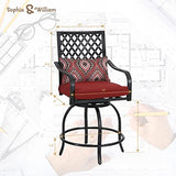 Sophia & William Outdoor Swivel Bar Stools Set of 2 Patio Bar Height Bistro Dining Chairs, All-Weather Metal Furniture Set with Armrest and Red Cushion for Garden Lawn Backyard