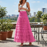 Mincib Womens Long Tulle Skirt A Line Ruffle Tiered Layered Skirts High Waisted Flowy Fairy Maxi Skirts Valentine's Day Gifts Outfit(Hot Pink,M)
