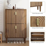 Smuxee Shoe Cabinet with 2 Flip Drawers, 23.6" Walnut Hidden Shoe Storage Cabinet with Line Groove Design, Freestanding Shoe Organizer Cabinet for Entryway, Hallway, Living Room