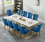 94.5" Large Marble Dining Table Set for 10, Luxury White Gold Kitchen Table with 10 Blue Velvet Dining Chairs