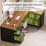 87-Inch Modern Executive Desk with File Cabinet, Large Home Office Desk with Drawers, 3-Drawer Wooden File Cabinet (Brown & Black)