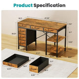 47.2" Computer Desk with 6 Drawers and 2 Open Shelves, Rustic Brown Writing Desk with Storage Cabinet & Metal Frame, Modern Industrial Home Office Executive Desk Workstation for Small Space