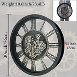 TOPPTIK 30 Inch Industrial Steampunk Wall Clock, Oversized Solid Wood Frame, Battery Operated, Large Wall Clock with Real Rotating Gears, Black