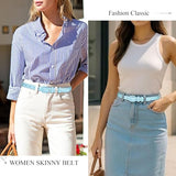 WHIPPY Women Skinny Leather Belt Thin Waist Jeans Belt for Pants in Pin Buckle Belt, Blue, Pants Size 42-47 Inches