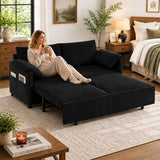 Cozelegti 65" 3-in-1 Convertible Sofa Bed, Pull Out Couch Loveseat Sleeper with Removable Back Pillows, Side Pockets & 2 Pillows for Small Spaces, Living Room, Bedroom – Corduroy, Black
