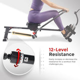 Sunny Health & Fitness Smart Compact Full Motion Rowing Machine, Full-Body Workout, Extra-Long Rail, 350 LB Weight Capacity